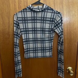 Charlotte Russe Streetwear Society Long Sleeve Mock Neck Plaid Mesh Top, Small